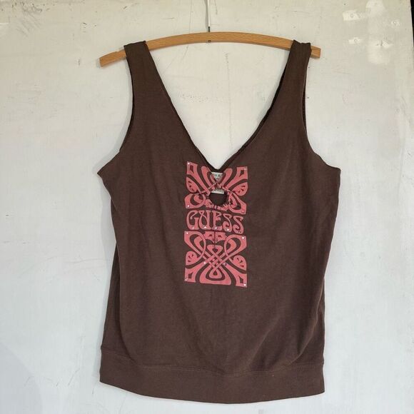 Guess Y2K Vintage Cotton Tee Tank Art Deco Graphic Rhinestone Embellished - LG - Picture 2 of 9
